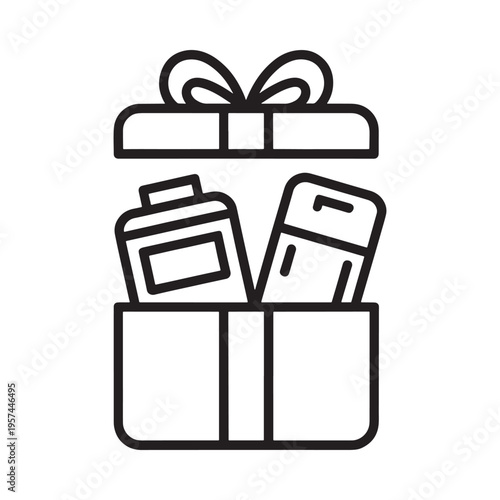 An open gift box revealing presents inside shown in a linear style