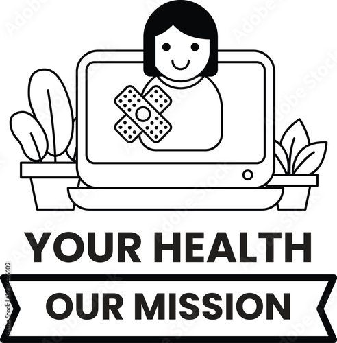 Simple line art shows a smiling person on a laptop screen