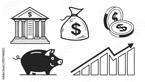 A set of financial icons including a bank, money bag, coins, piggy bank, and graph
