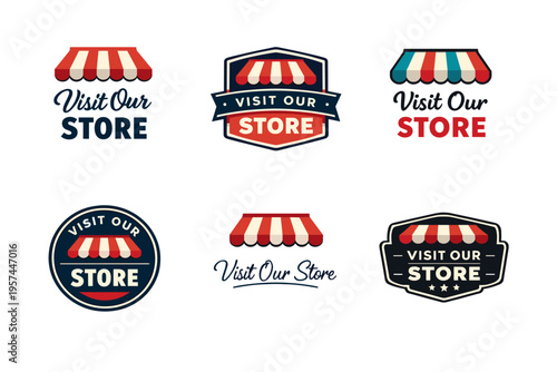 Variety of shop logos with storefront awnings and visit our store text