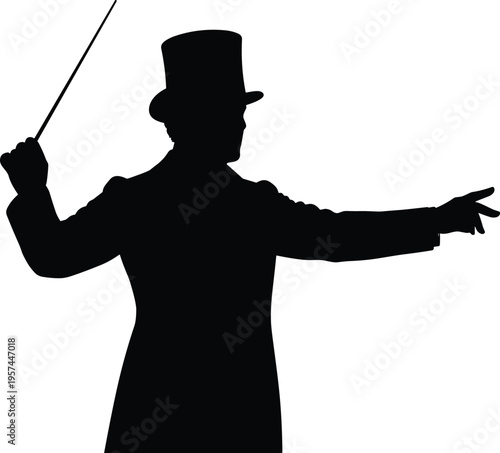 Black silhouette of a male orchestra conductor wearing a vintage top hat holding a baton and pointing during a classical music concert performance isolated