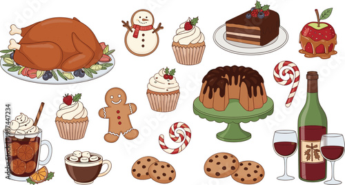 Holiday Food and Dessert Set with Roast Turkey Cake Cookies Wine and Cupcakes, Festive Christmas Collection for Celebration and Seasonal Illustration Design