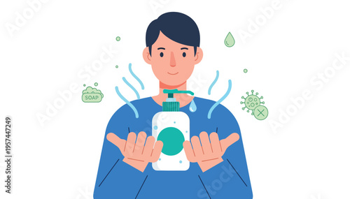 Man using hand sanitizer to protect against germs and viruses in a vector graphic illustration
