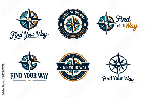 Set of compass logo designs with 'find your way' text variations