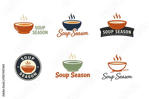 Variety of soup season logos with bowls and steam motifs