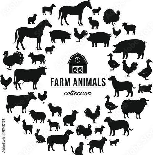 Black farm animal silhouettes set, livestock cow pig sheep and poultry icons, domestic rabbit chicken and duck vector for rural design.