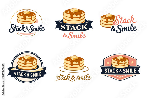 Stack & smile pancake logos with syrup and butter