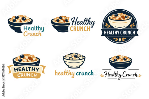 Variety of healthy crunch logos with cereal bowl designs
