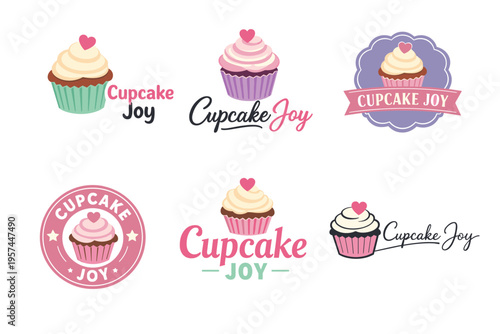 Colorful cupcake joy logos with heart toppers in various designs