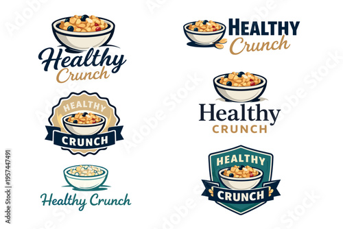 Healthy crunch cereal logo variations with bowl illustrations