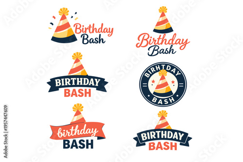 Birthday bash logos with party hats and festive designs