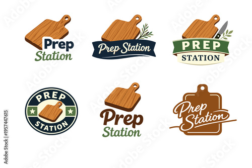 Set of six prep station logos featuring cutting boards and kitchen utensils