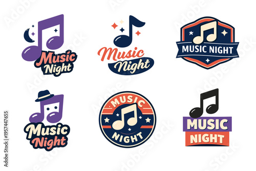 Colorful music night logos with musical notes and themed designs