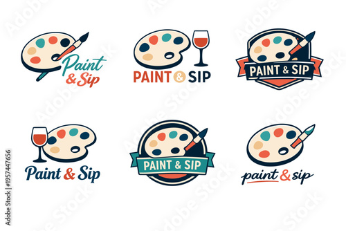 Paint and sip logos with palettes and wine glasses