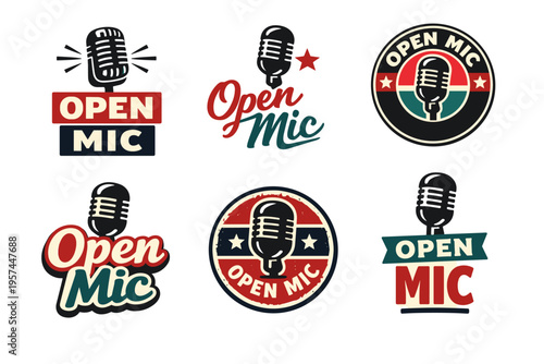 Vintage open mic logos collection with retro microphone designs