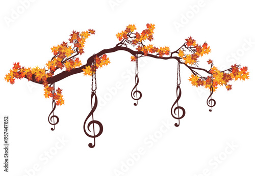 maple tree branch and hanging treble clef decor - bright autumn season foliage border for classical music festival vector design