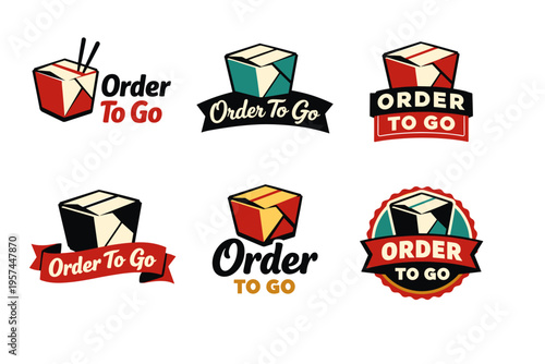 Order to go logos with takeout box designs and vintage style