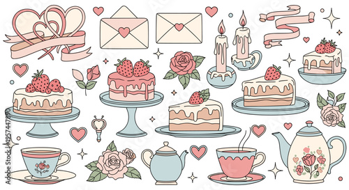 Whimsical Valentines Day desserts and tea party in soft pastel colors on white background for greeting card