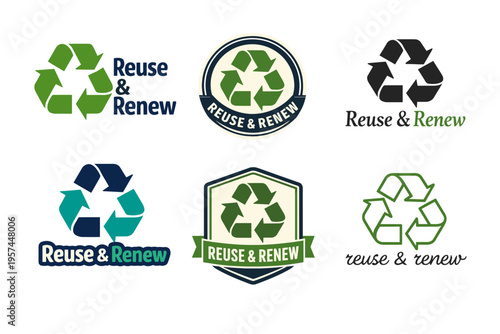 Variety of recycle symbols and reuse & renew text designs