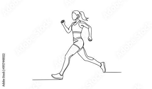 Elegant continuous line running woman vector minimal fitness outline illustration isolated on white background