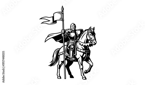 Medieval knight on horseback with flag vintage vector illustration bold heroic design isolated on white background