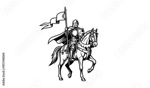Vintage medieval knight riding horse with flag vector bold illustration isolated on white background