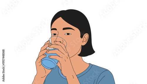 Woman drinking from a blue bottle with both hands in a vector illustration design