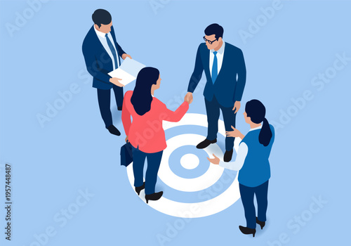 Career. Businesswoman and executive shaking hands on target success concept. Cooperation and goal achievement agreed upon with a handshake. Business vector illustration 