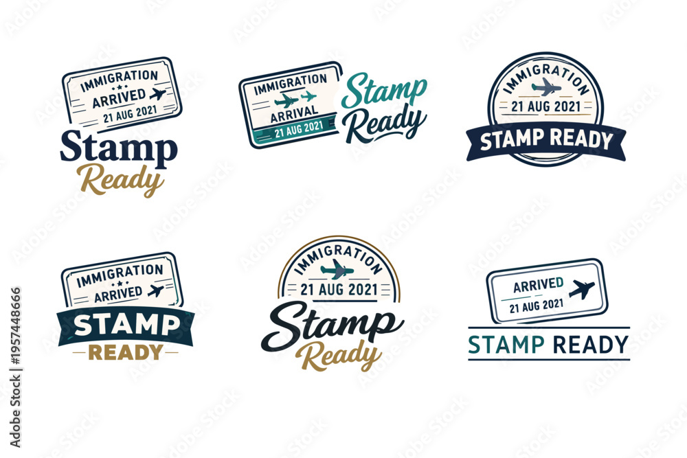 Fototapeta premium Immigration stamps and travel tags with airplane icon designs