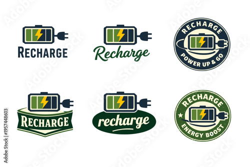Recharge logo collection featuring plug and lightning bolt symbols in various styles