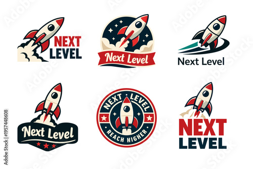 Vintage rocket launch logos with next level text and star accents