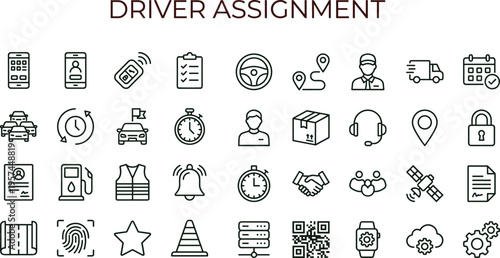 Driver assignment outline icon set featuring fleet tracking navigation scheduling safety interface symbols for transportation management applications