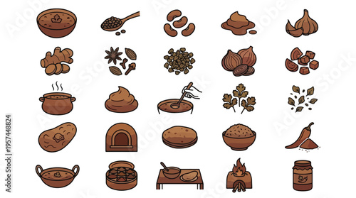 Indian Food Cooking Icon Set in Linear Style. A collection of Indian cuisine linear icons, including lentils, spices, ginger, garlic, onion, naan, roti, rice, chili