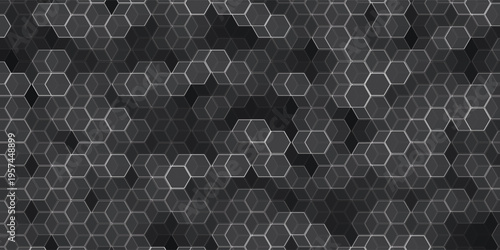 Dark technology hexagonal vector background. Abstract blue bright energy flashes under hexagon in dark technology modern futuristic background vector illustration. Gray honeycomb texture grid