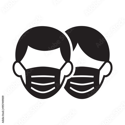 Two individuals wearing face masks in a simple black and white icon
