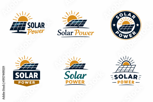 Collection of solar power logos with sun and panels in various designs