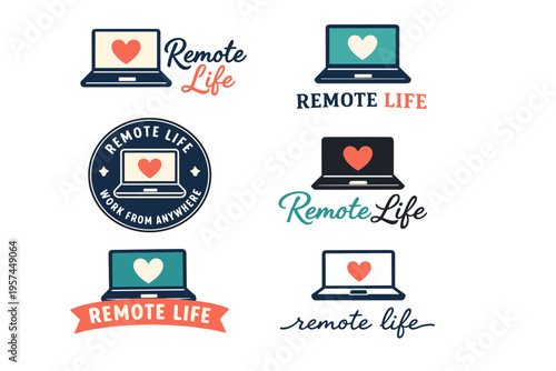 Remote life laptop logos with heart symbols in various designs