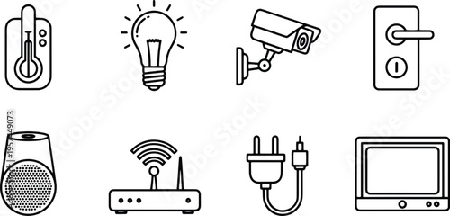 A set of vector line art silhouettes depicting various smart home devices and electronics in a bundle