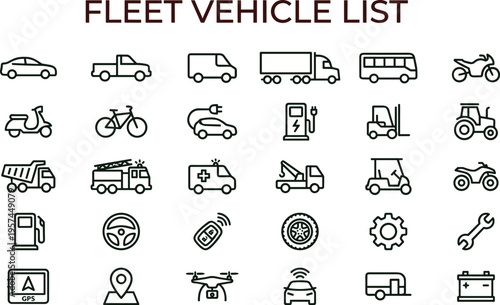 Fleet vehicle list outline icon set featuring transportation cars trucks motorcycles equipment interface symbols for logistics applications
