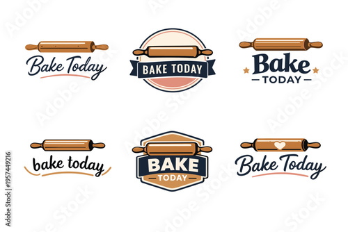 Variety of bake today logos featuring rolling pins and typography