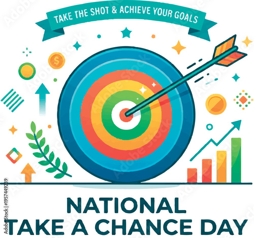 Colorful target with arrow hitting bullseye.