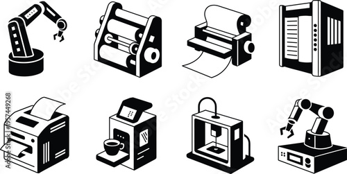 Black and white industrial and office machine icons including robotic arms, printers, coffee maker, server rack, and 3D printer for technology, automation, and manufacturing concepts