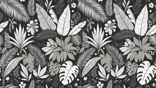 A sophisticated monochrome seamless pattern featuring a dense variety of tropical foliage, such as Monstera and palm fronds, rendered in a detailed illustrative style against a dark background.