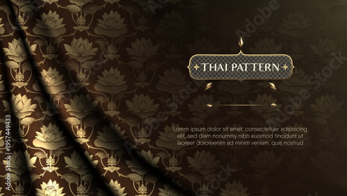 Premium elegant Thai art template with golden floral ornament and folded fabric backdrop