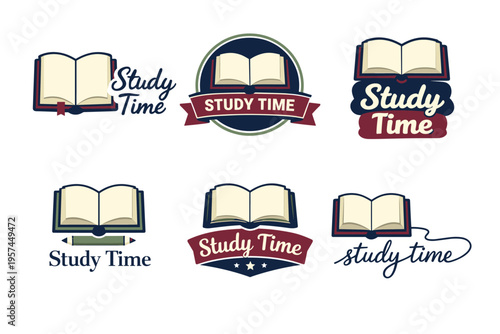 Study time logos with open books and decorative text