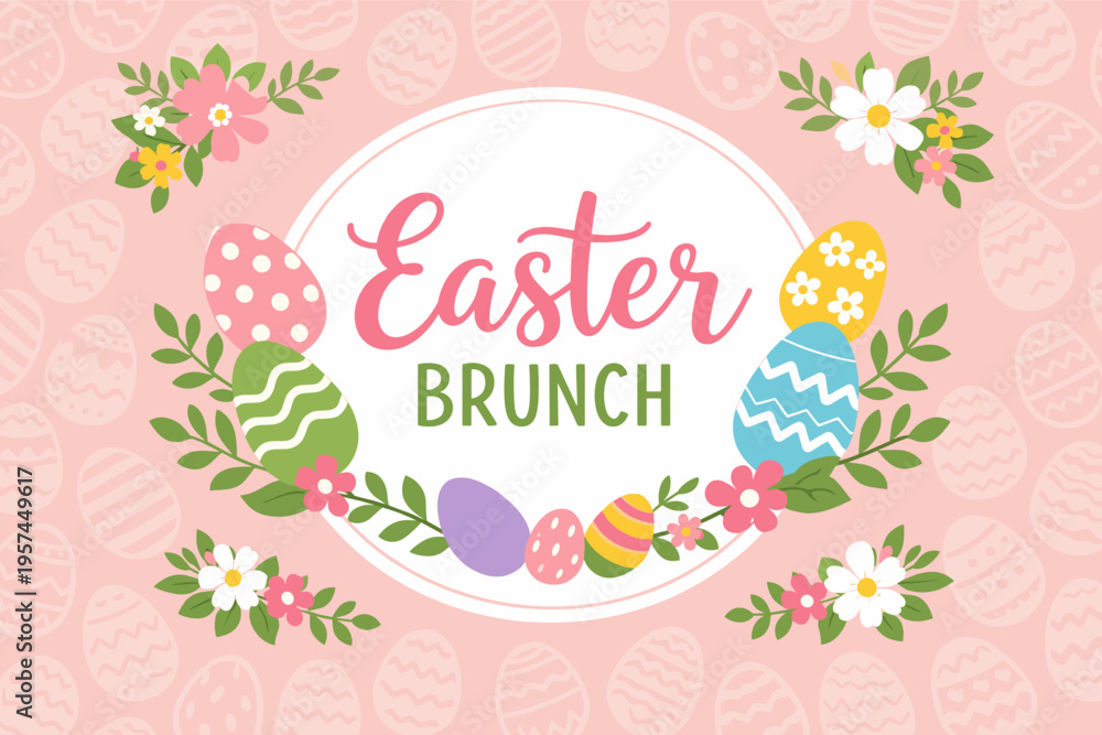 Obraz premium Easter brunch invitation with colorful eggs and floral accents
