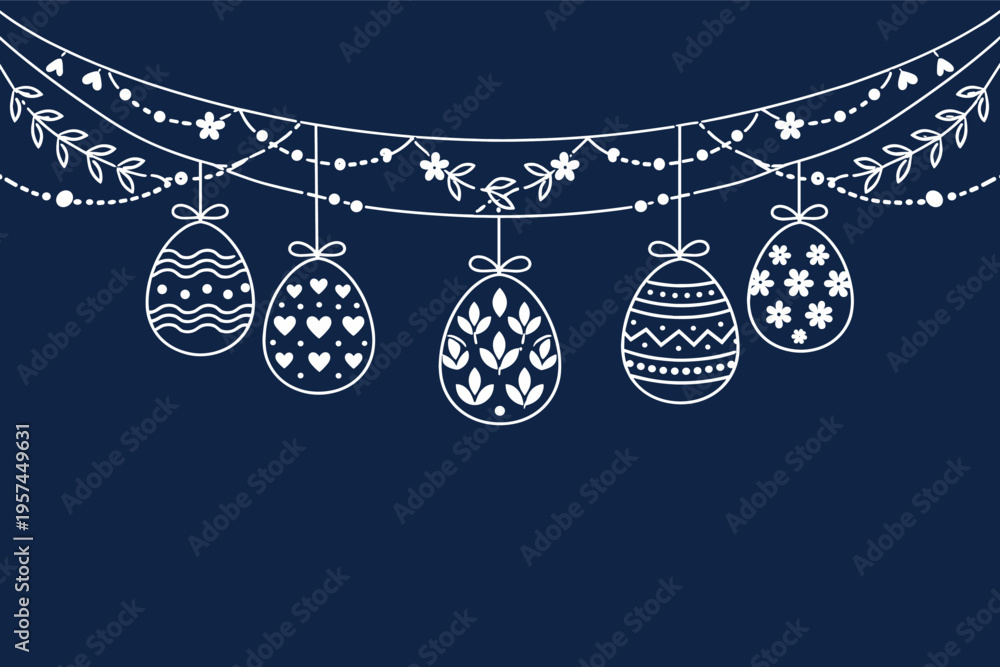 Fototapeta premium Decorative easter eggs hanging on floral garland with navy background