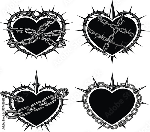 Gothic Heart Icon Set with Metal Chains, Thorns, and Spikes Representing Emotional Restriction, Toxic Love, Pain, and Hardcore Streetwear Graphic Design Elements
