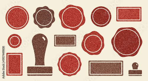Vintage Stamp Collection: Retro Seals, Wax Seals, and Rubber Stamps in Red and Brown Tones