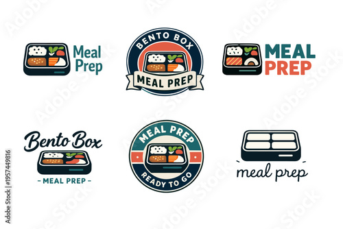 Bento box meal prep logos - collection of colorful badge designs